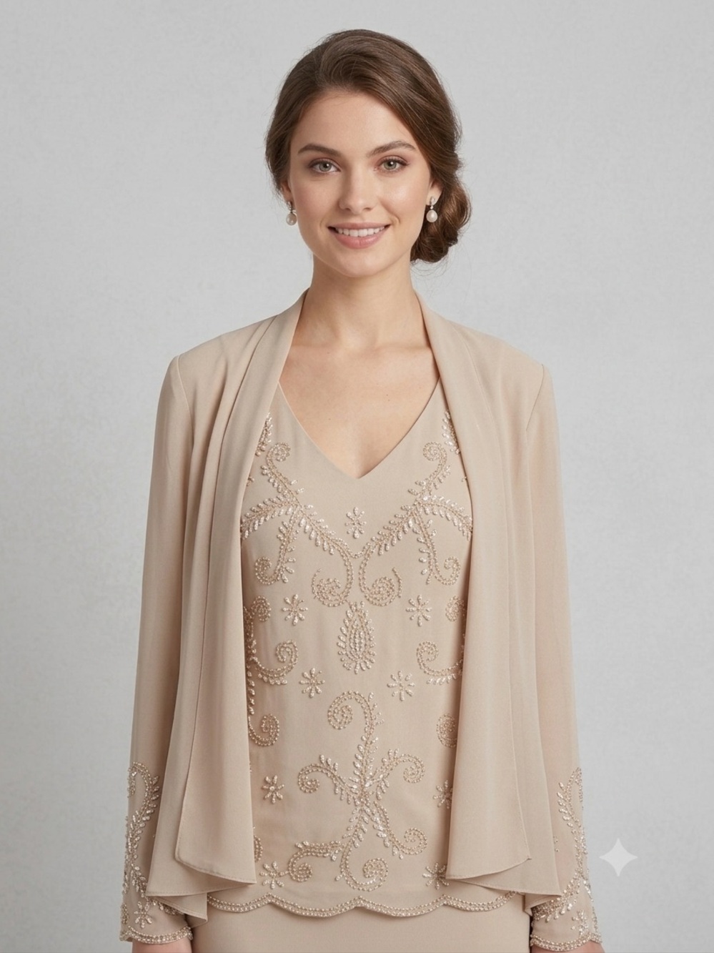 R&M Richards Petite 2-Piece Beaded Tank Top Blazer  Jacket Set Beige Tan 10P